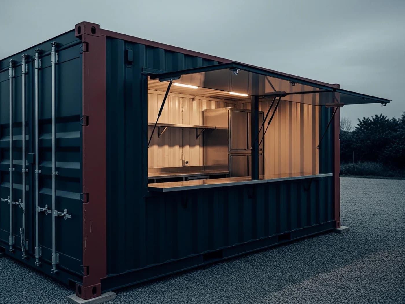 Modified shipping container bar kiosk with a service window