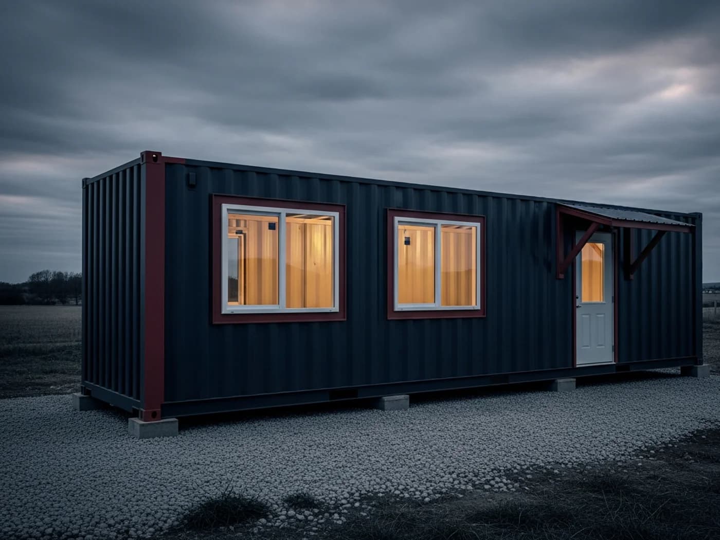 Modified shipping container housing shell staged on rural acreage