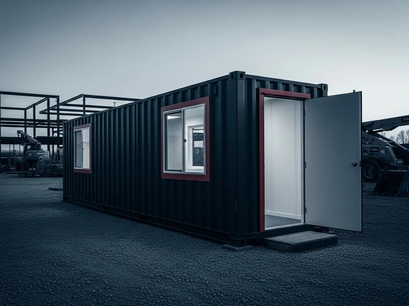 Modified shipping container mobile office staged at a construction site