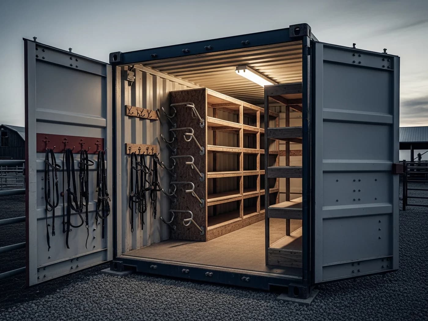 Modified shipping container tack room with organized ranch storage