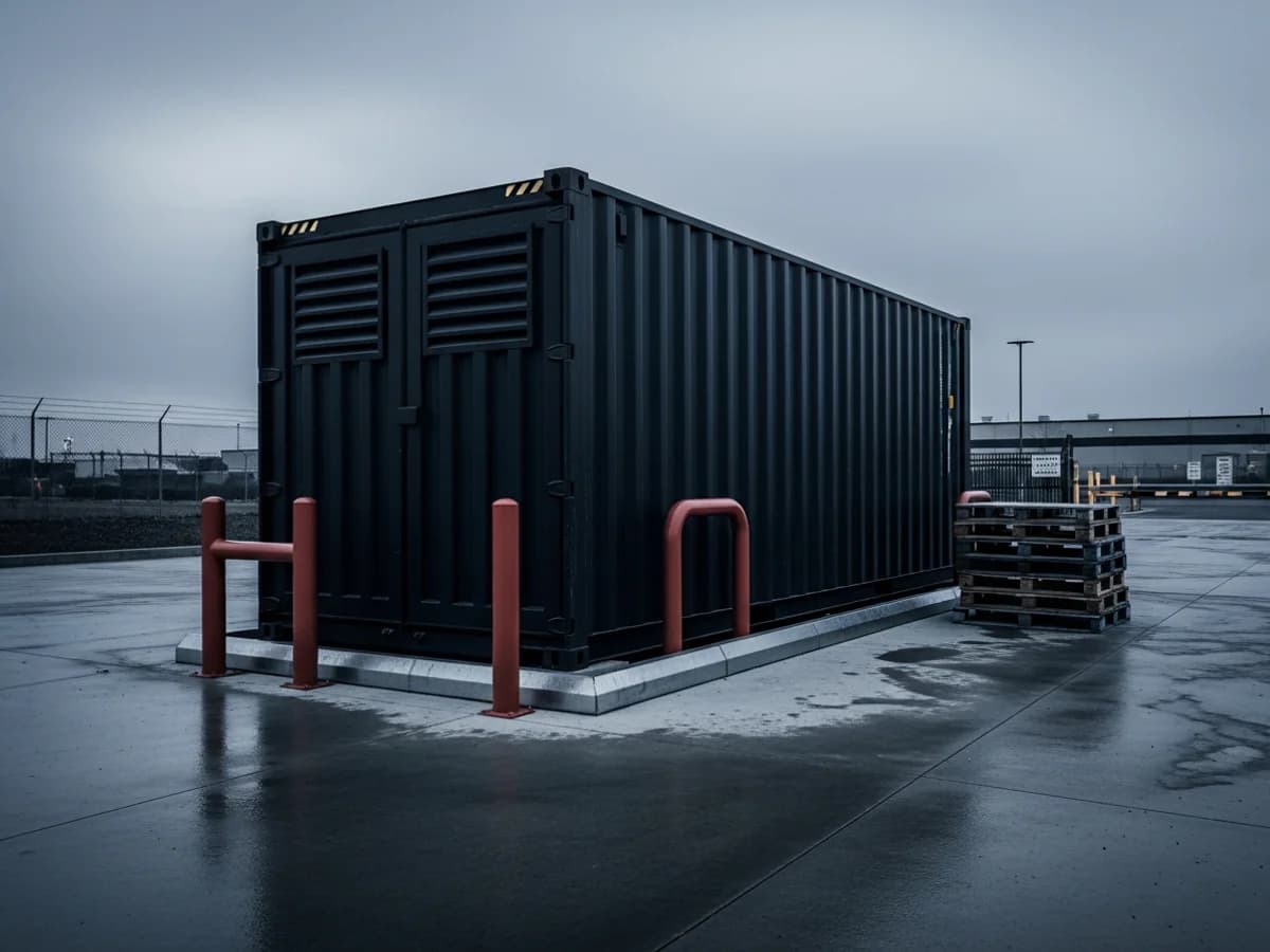 Ventilated shipping container staged in an industrial yard for chemical storage planning