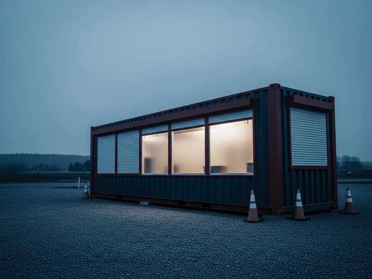 Seasonal roadside container retail stand at dusk