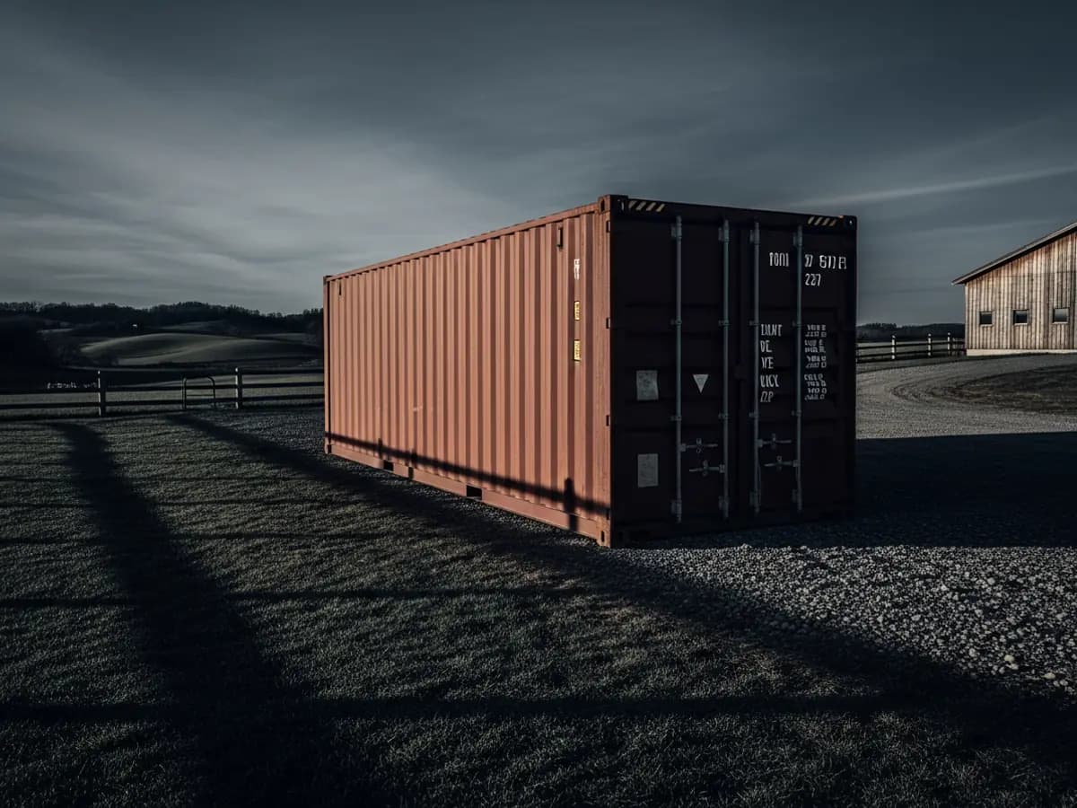 Weathered shipping container placed on rural acreage as private storage