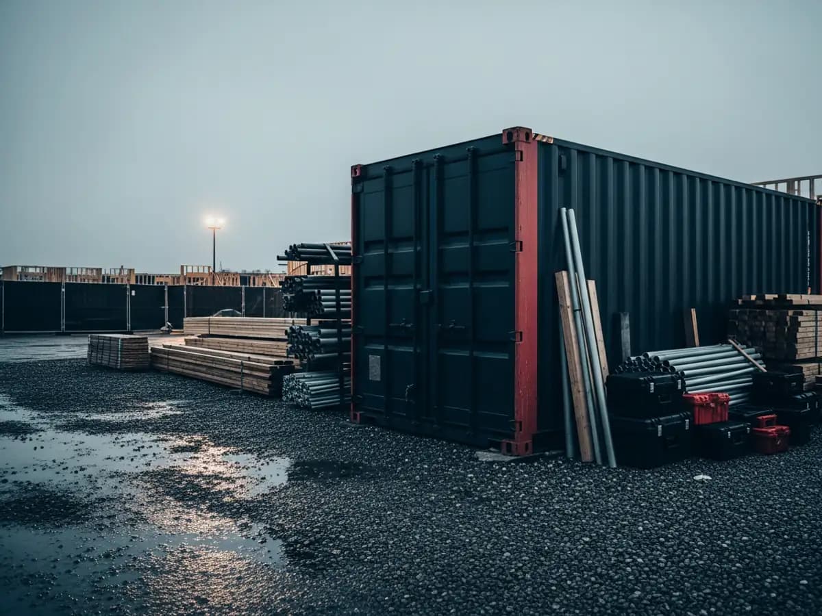 Storage shipping container staged beside a contractor jobsite