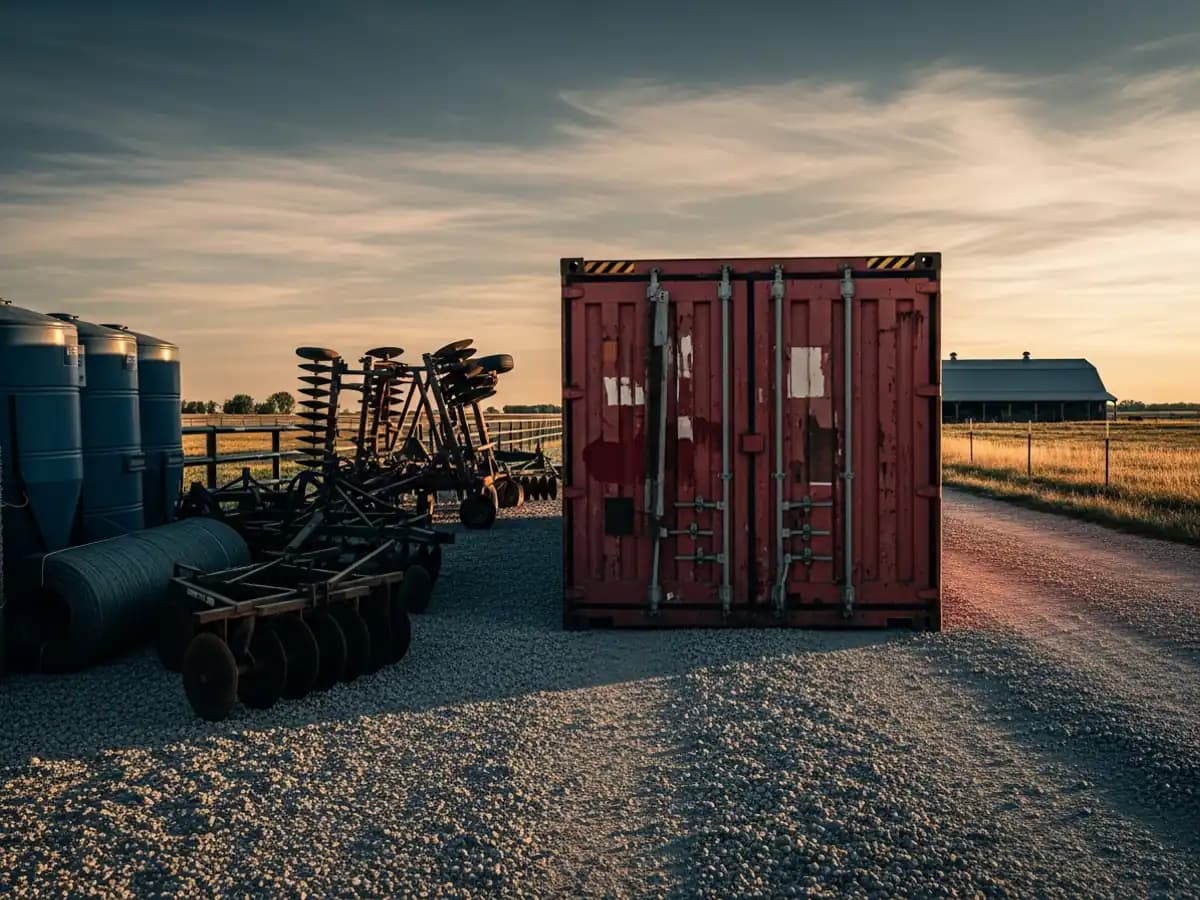 Shipping container storage placed beside a farm and ranch equipment lane