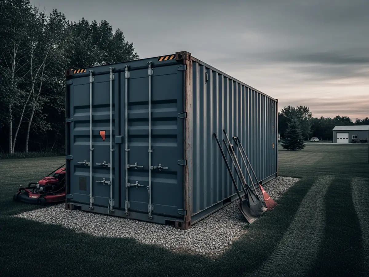 Shipping container storage placed on a residential yard for on-site storage planning