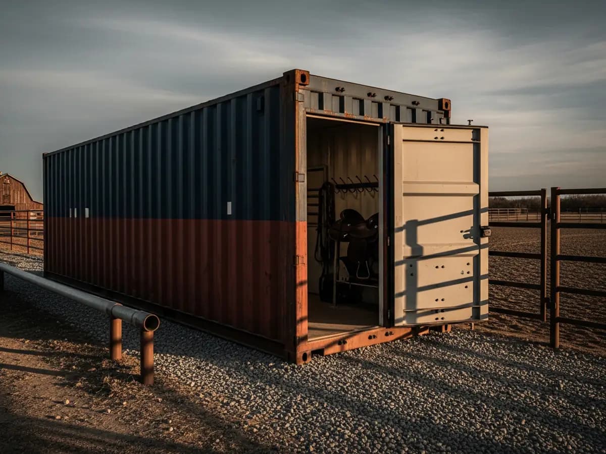 Shipping container tack room beside a ranch arena