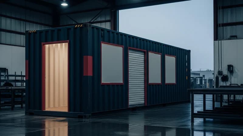 Modified shipping container staged in a clean fabrication yard