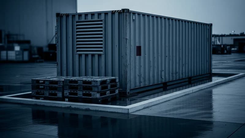 Ventilated shipping container staged on an industrial concrete pad