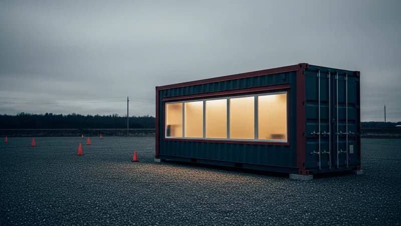 Seasonal container retail stand staged on a gravel lot at dusk