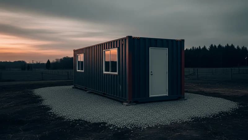 Shipping container shell prepared for a rural housing build