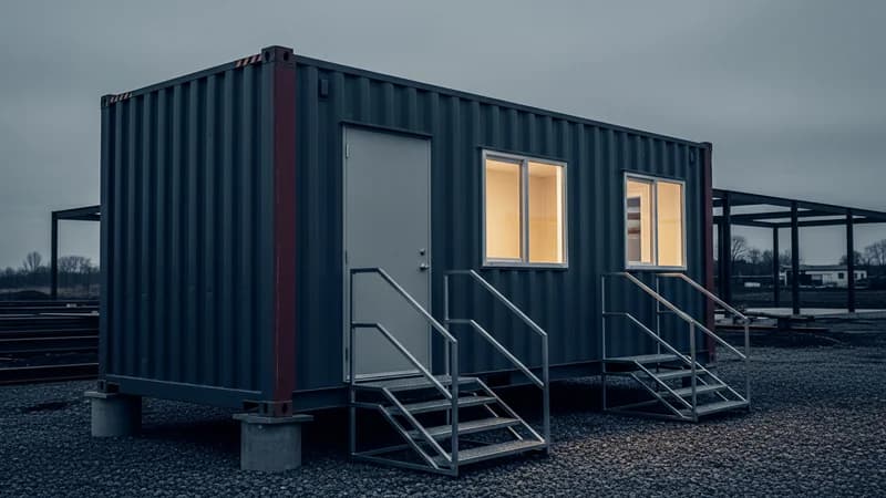 Modified jobsite container office on a gravel construction site