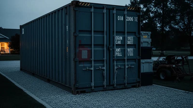 Storage shipping container in a residential yard at dusk