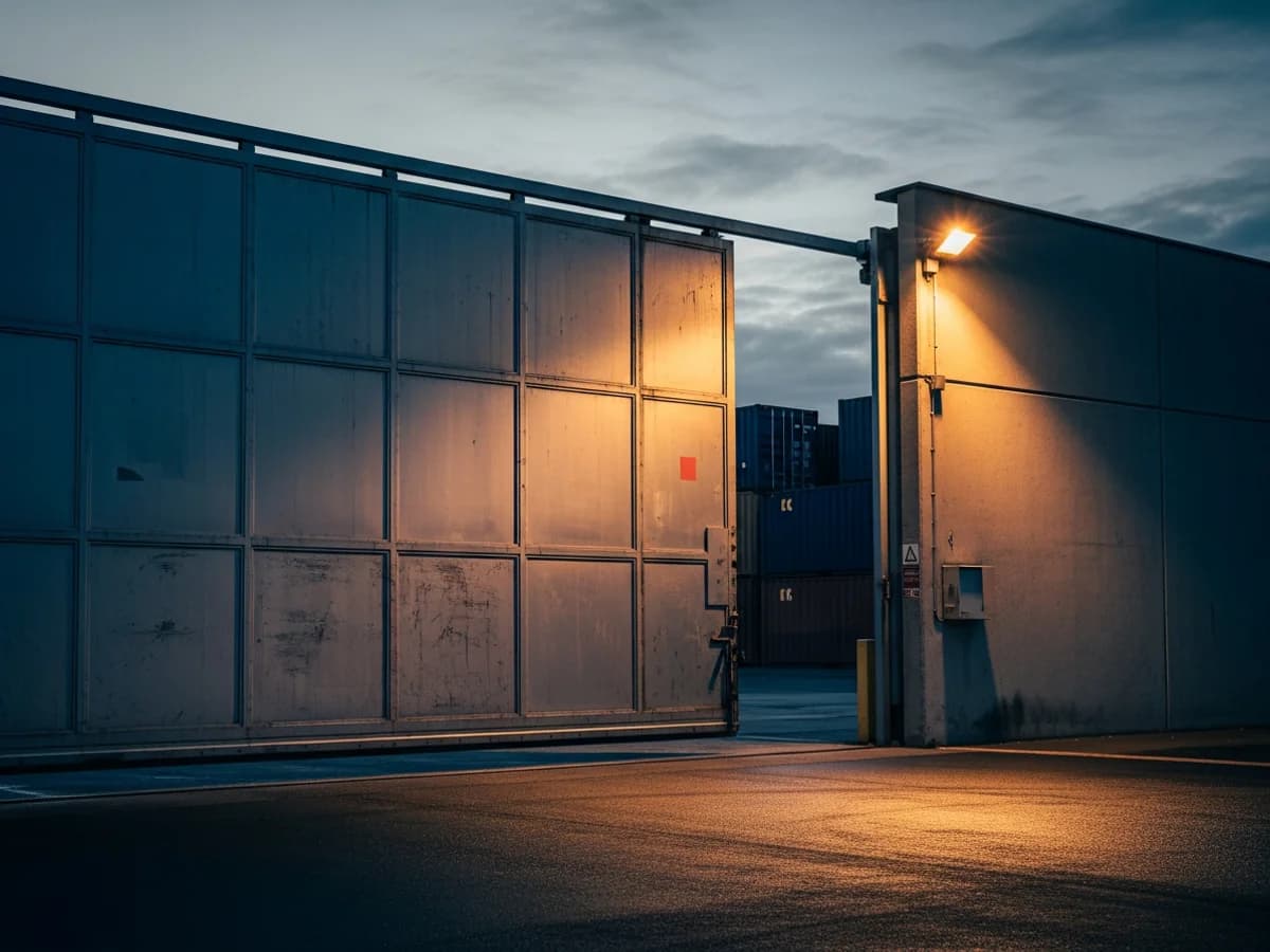 Industrial depot gate with stacked shipping containers behind
