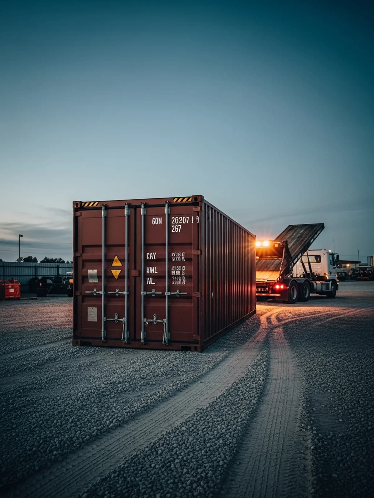 Tilt-bed truck delivering a shipping container to a gravel customer site at dusk