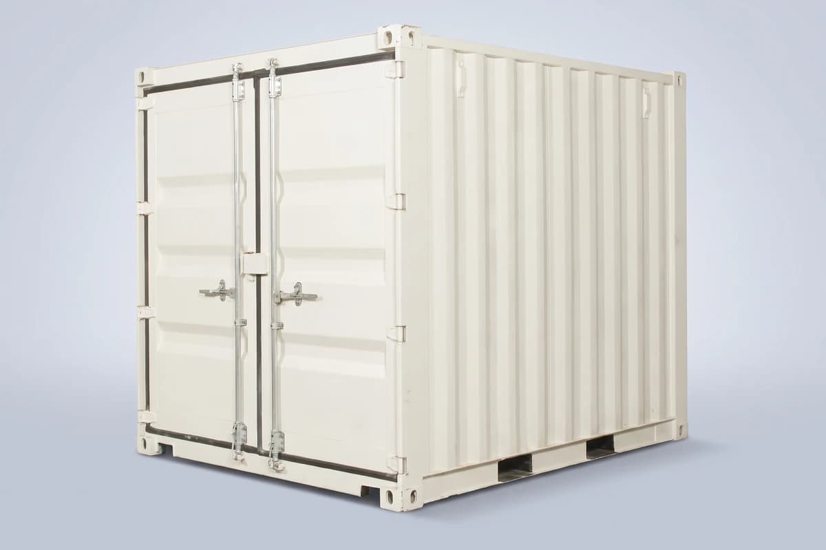 10-foot standard New 1-Trip shipping container, doors closed, three-quarter view