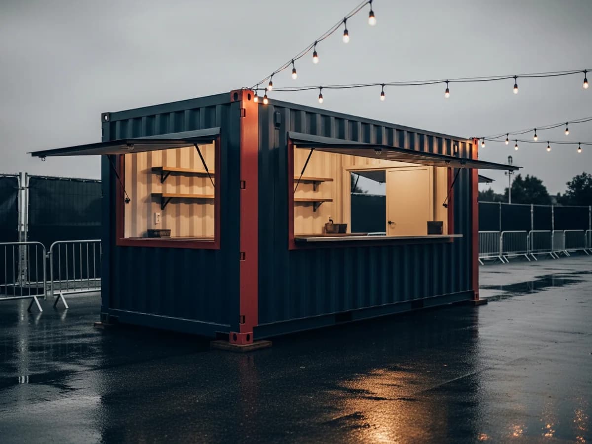 Converted container bar and retail kiosk staged at an outdoor event site