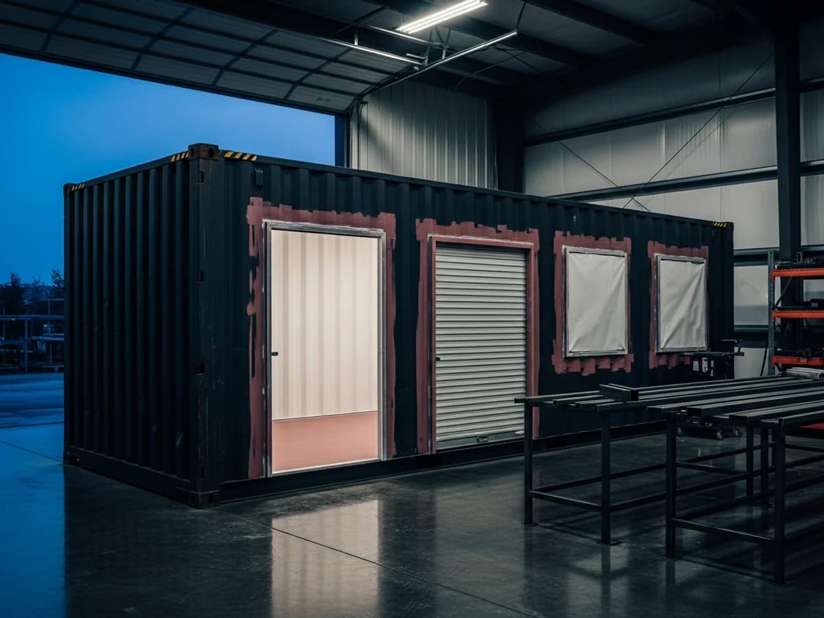 Modified shipping container in a fabrication yard staged for a built-to-suit project