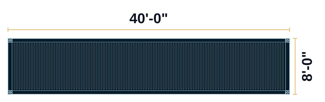 Top view of a 40-foot standard shipping container: 40 feet 0 inches long by 8 feet 0 inches wide