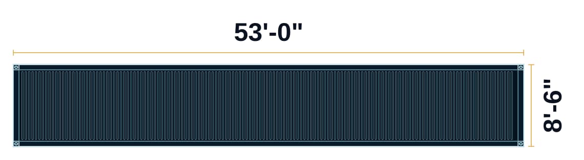 Top view of a 53-foot high cube shipping container: 53 feet 0 inches long by 8 feet 6 inches wide